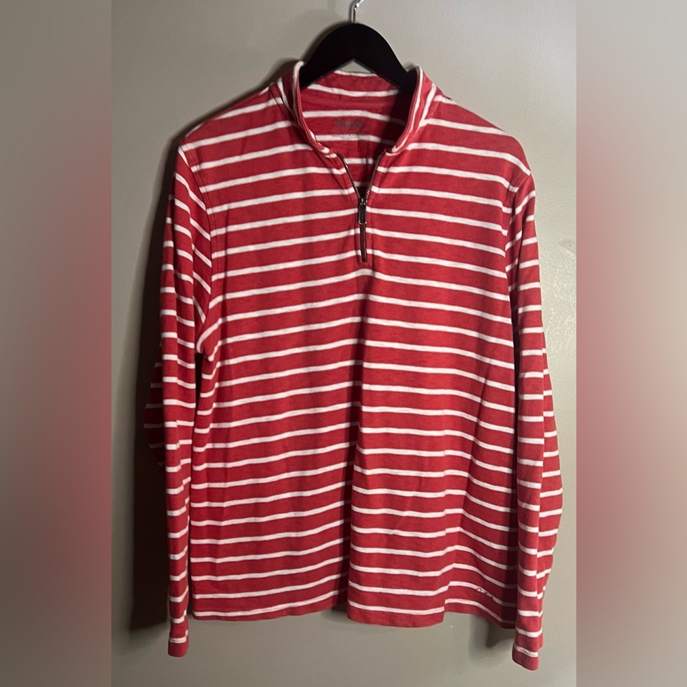 Cabela’s Red/Burnt Orange and White Striped Quarter Zip Long Sleeve Size XL